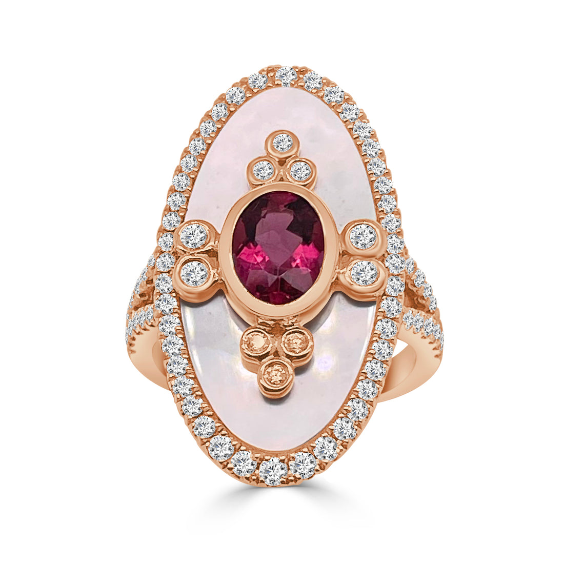 18 Karat Rose Gold Mother of Pearl Coctail Ring with Rubellite - 1.09 Carat