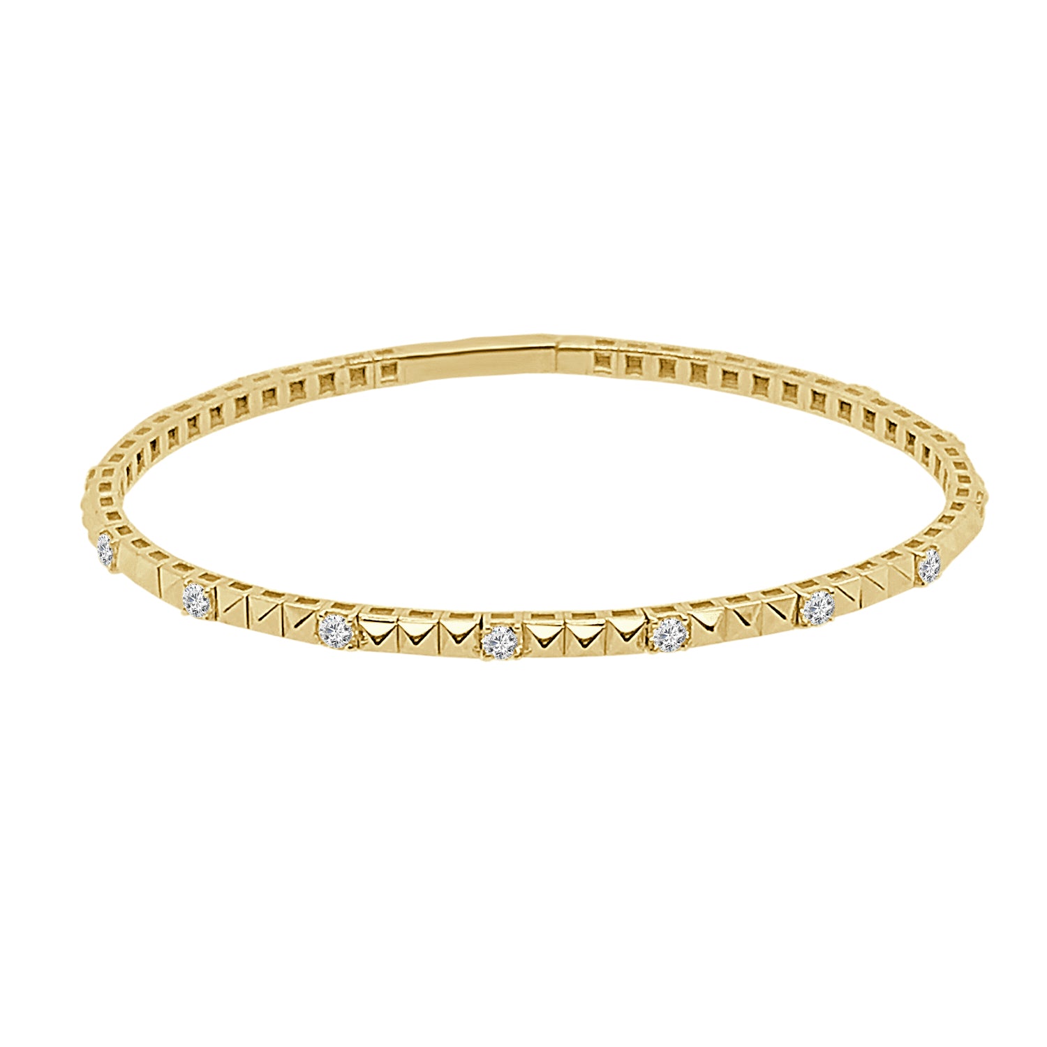 14 Karat Yellow Gold Ridged Flex Bangle with 0.96 Carat Natural Diamond