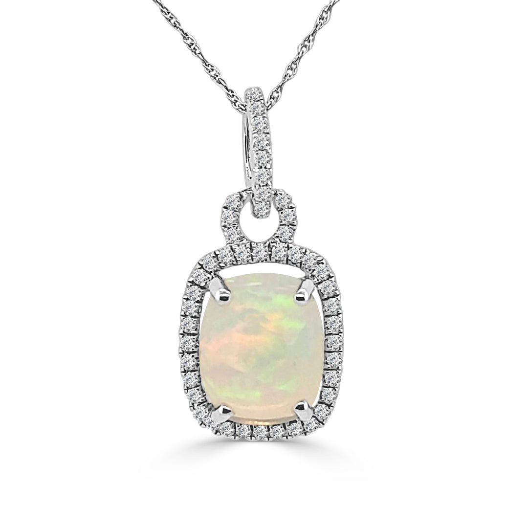 Opalescent Halo: 14 Karat White Gold Opal Necklace