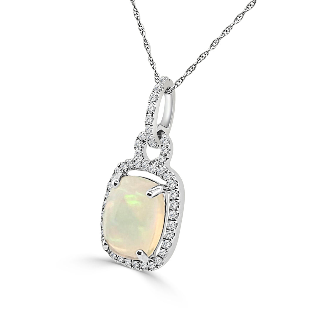 Opalescent Halo: 14 Karat White Gold Opal Necklace