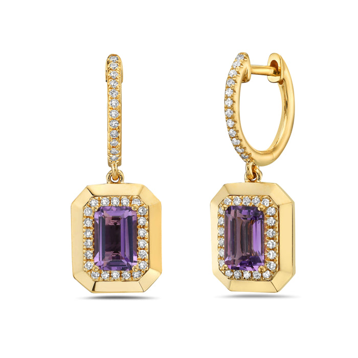 14 Karat Yellow Gold Emerald and Diamond Drop Earrings with Amethyst (1.06ct)