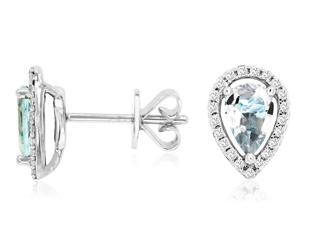 Aqua Diamond Halo Stud Earrings in 14 Karat White Gold with Pear Shape Aquamarine