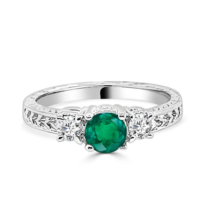 14K White Gold Round Emerald Three Stone Diamond Ring - 0.60ct