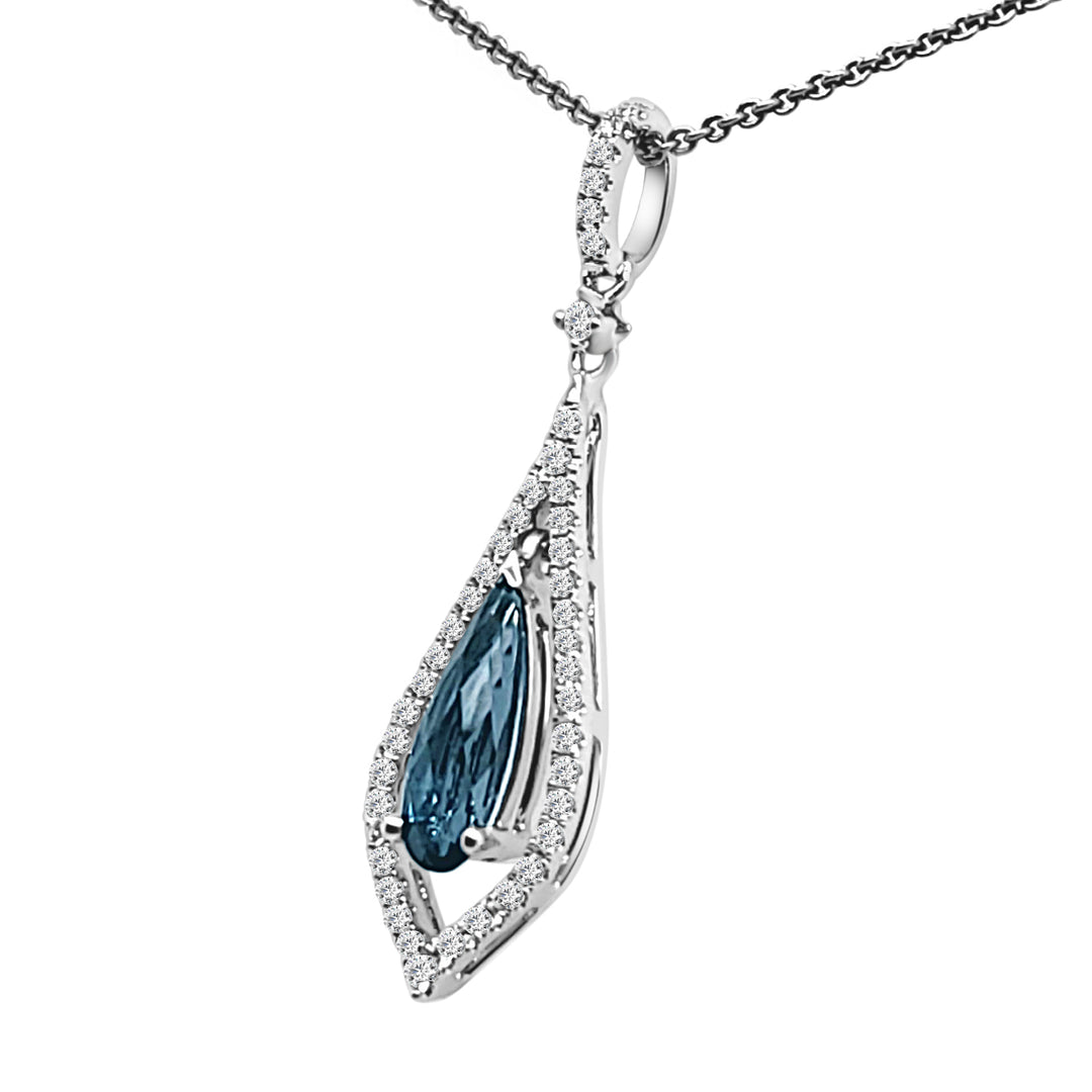 London Blue Topaz Open Teardrop Necklace in 14 Karat White Gold