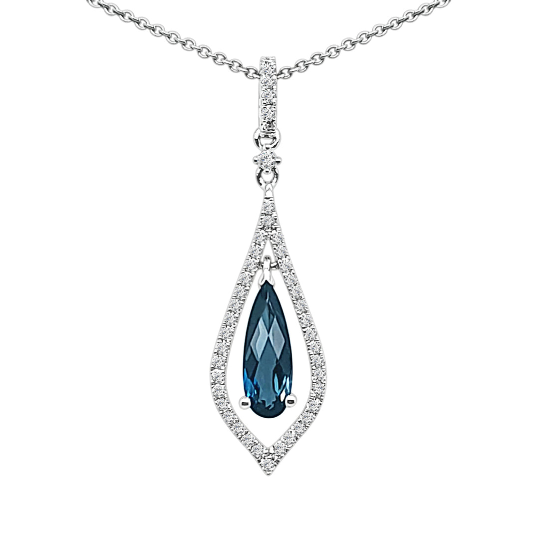 London Blue Topaz Open Teardrop Necklace in 14 Karat White Gold