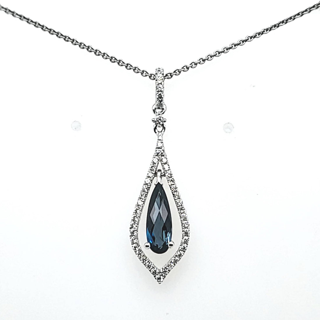 London Blue Topaz Open Teardrop Necklace in 14 Karat White Gold - 1.06 ct