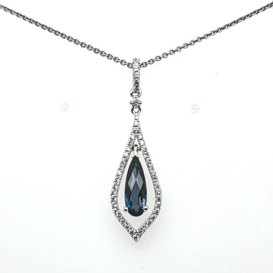 London Blue Topaz Open Teardrop Necklace in 14 Karat White Gold