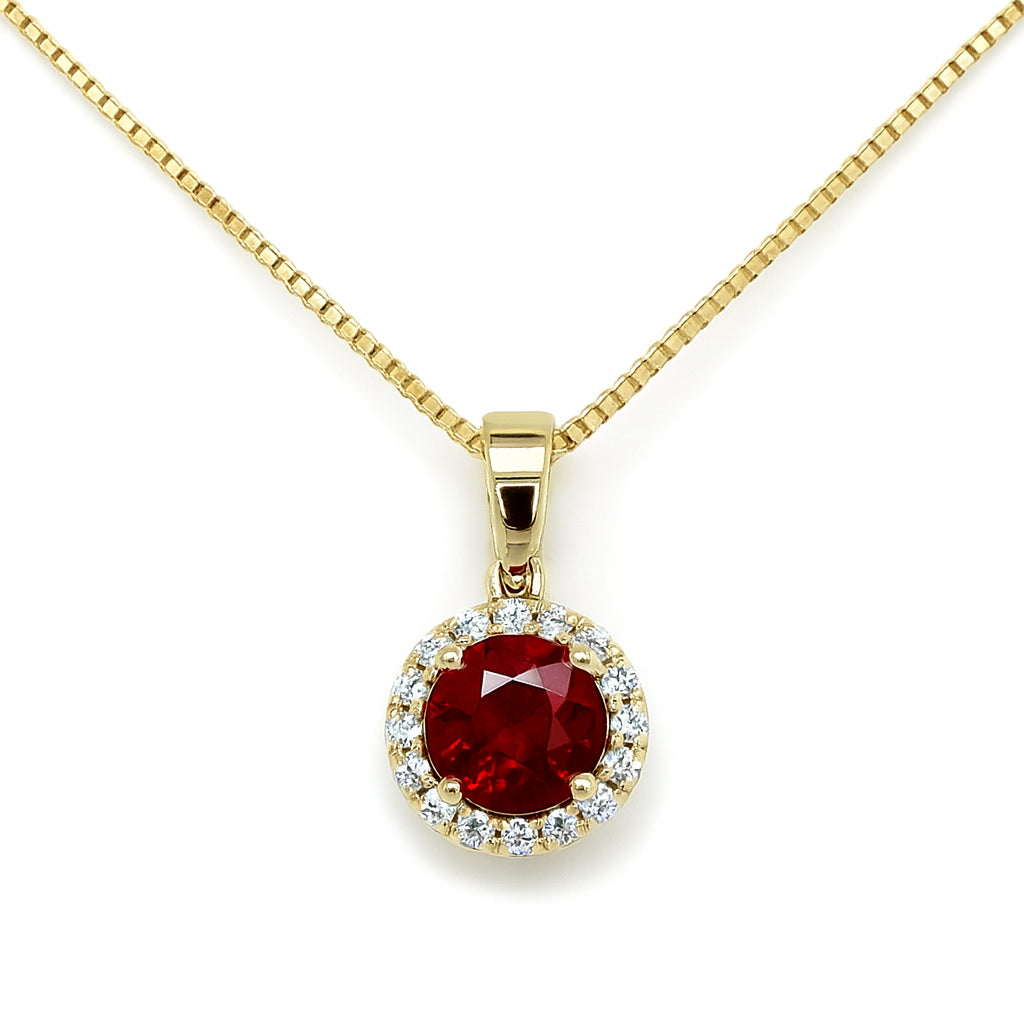 14K Yellow Gold Halo Ruby Necklace - Round Shape 0.57 ct