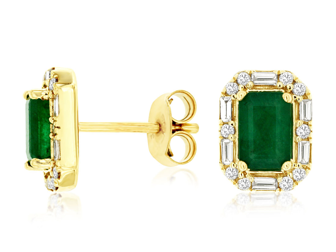 14 Karat Yellow Gold Halo Emerald Shape Earrings with Natural Diamond Accents