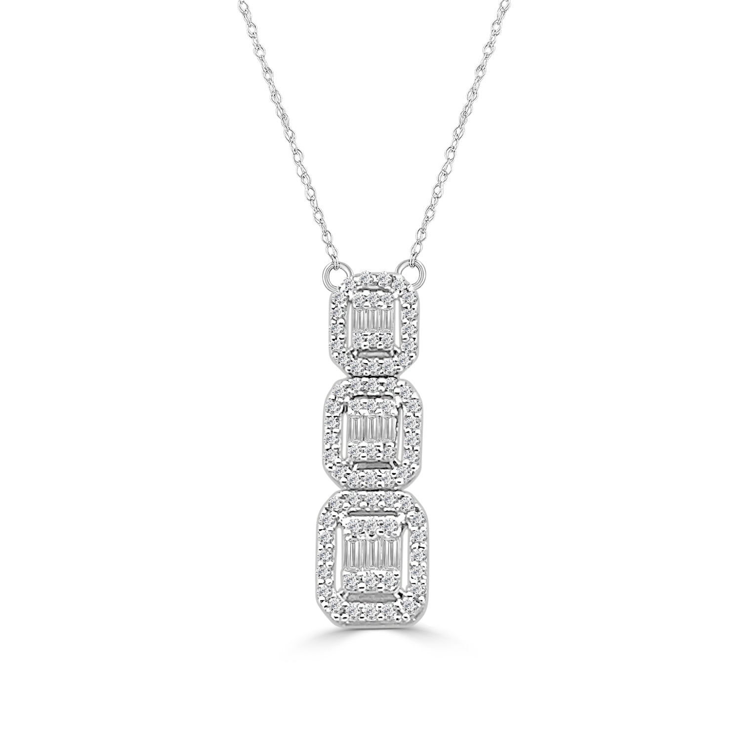 Dazzling Three Stone Halo Necklace in 14 Karat White Gold with 0.38 Carat Natural Diamond