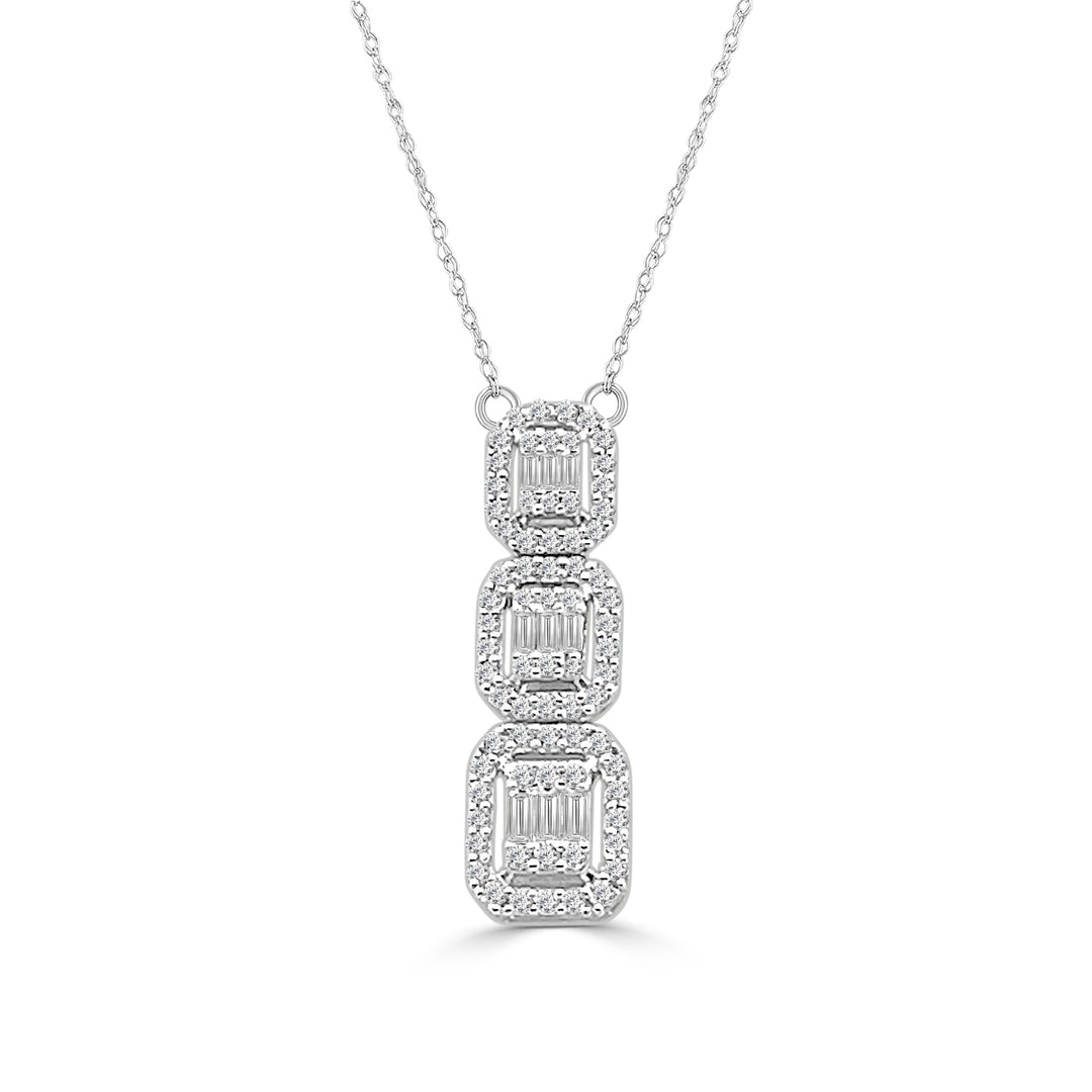 Divine Brilliance: 14 Karat White Gold Three Stone Halo Necklace with Natural Diamonds