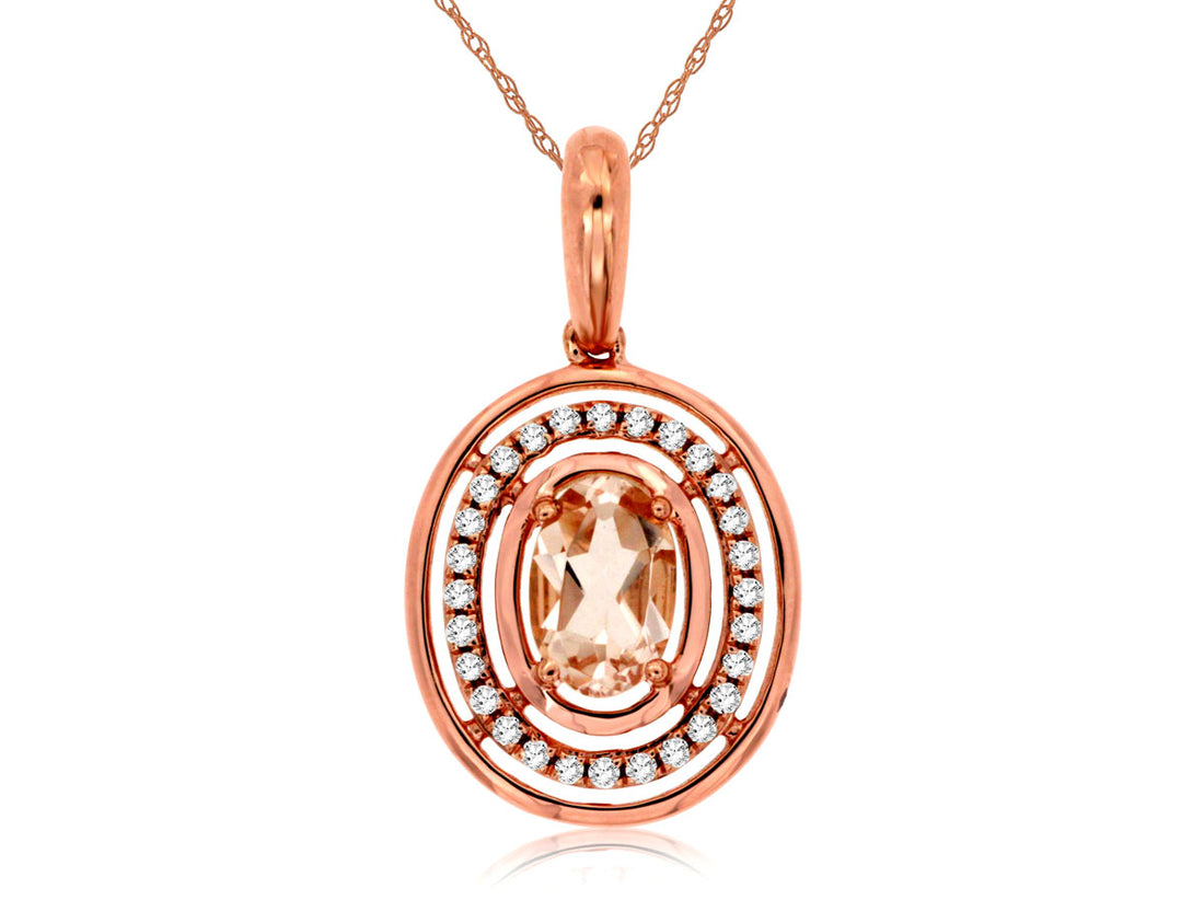 14K Rose Gold Morganite and Diamond Oval Shape Necklace Pendant, 0.40 Carat