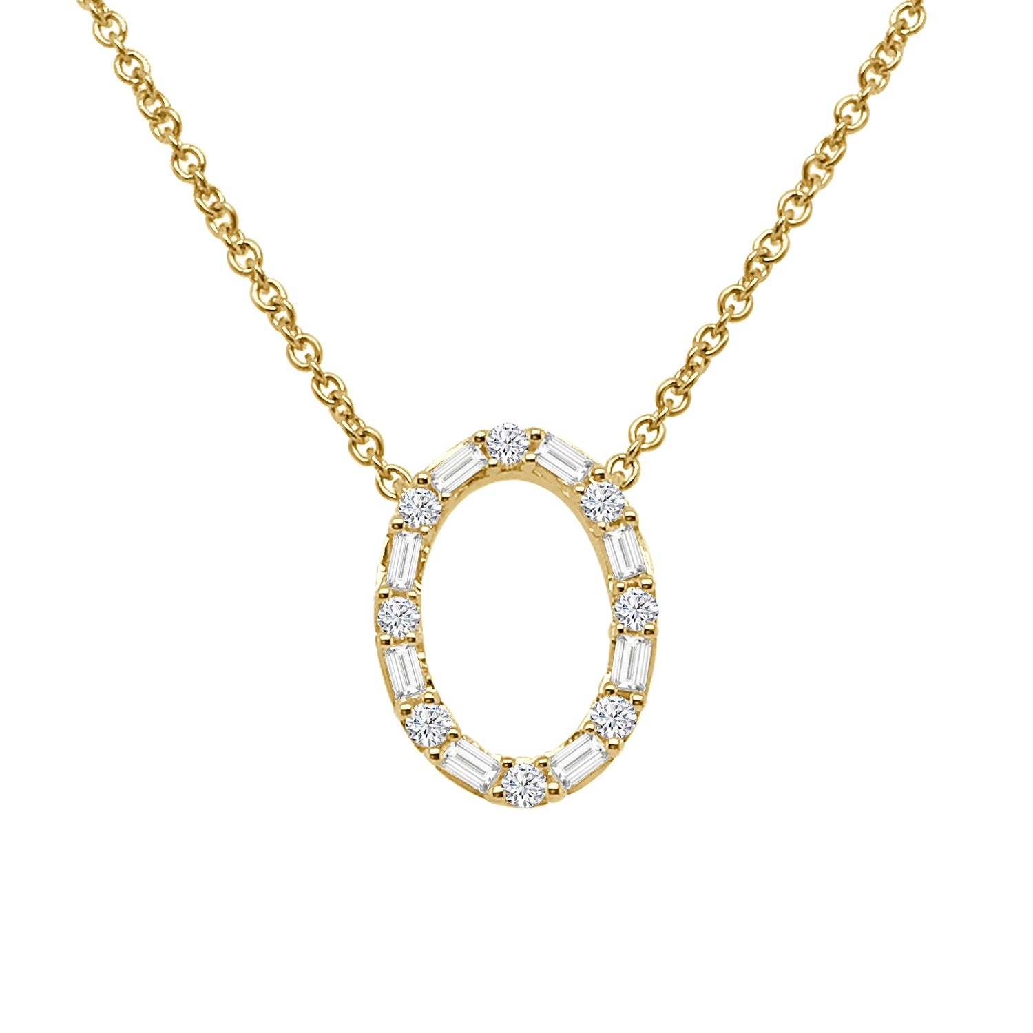 14 Karat Yellow Gold Round &amp; Baguette Open Oval Necklace with 0.22 Carat Natural Diamond