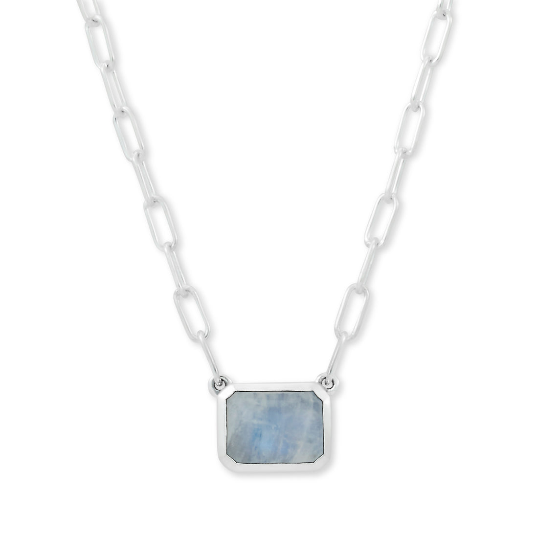 Sterling Silver Moonstone Necklace with Emerald Cut Solitaire