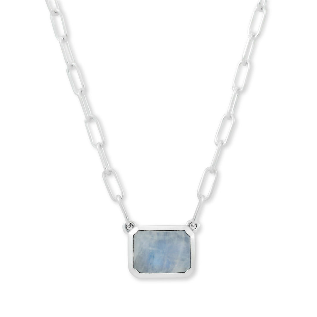 Mystic Moon Sterling Silver Necklace with Emerald Cut Solitaire and Moonstone Accent