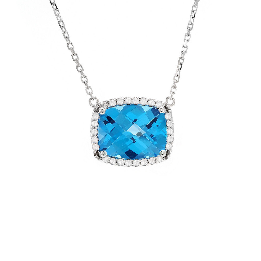 Halo Brilliance: 14 Karat White Gold Blue Topaz Necklace