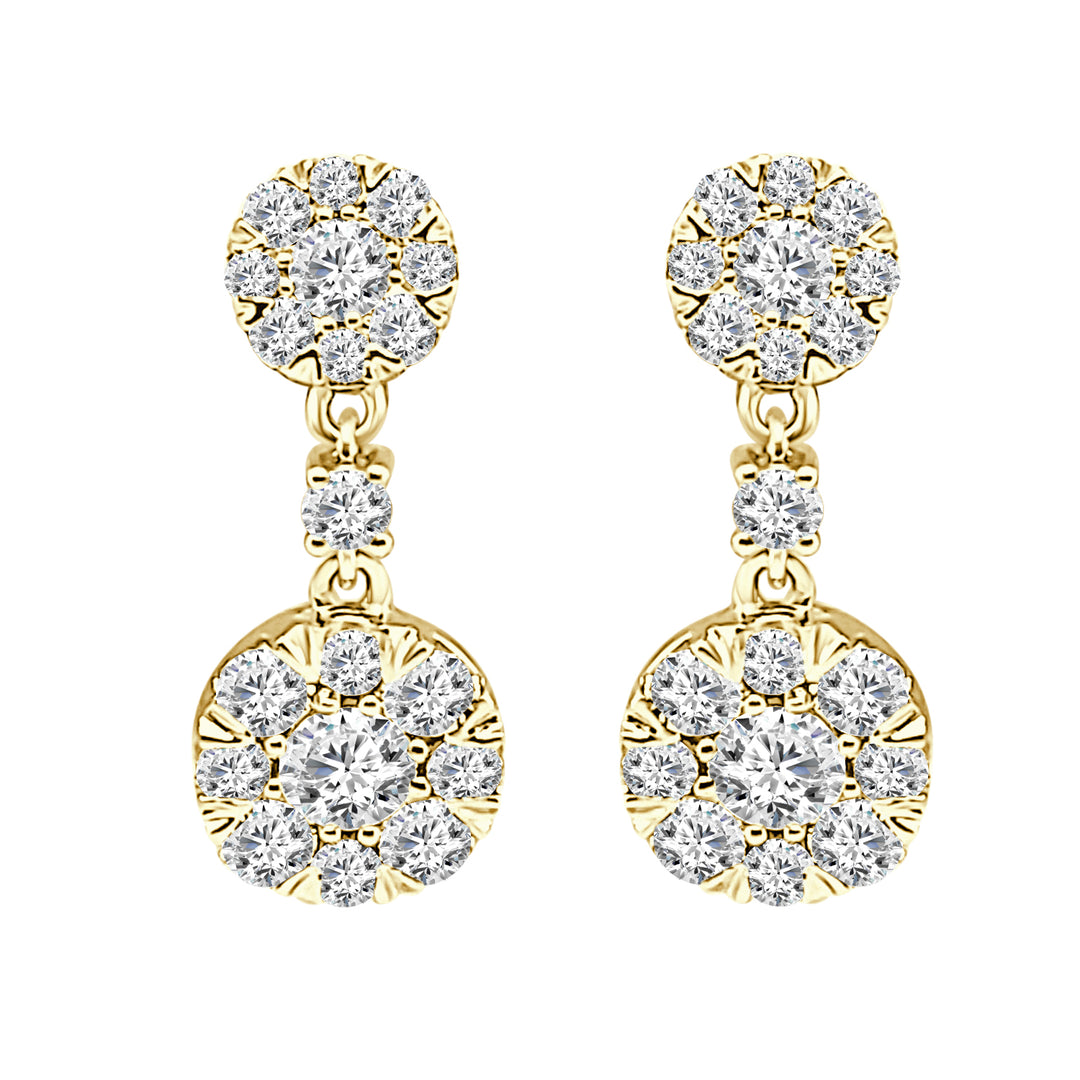 Sparkling Brilliance: 14 Karat Yellow Gold Earrings with Dbl Round Cluster of Natural Diamonds - 1.27 Carat