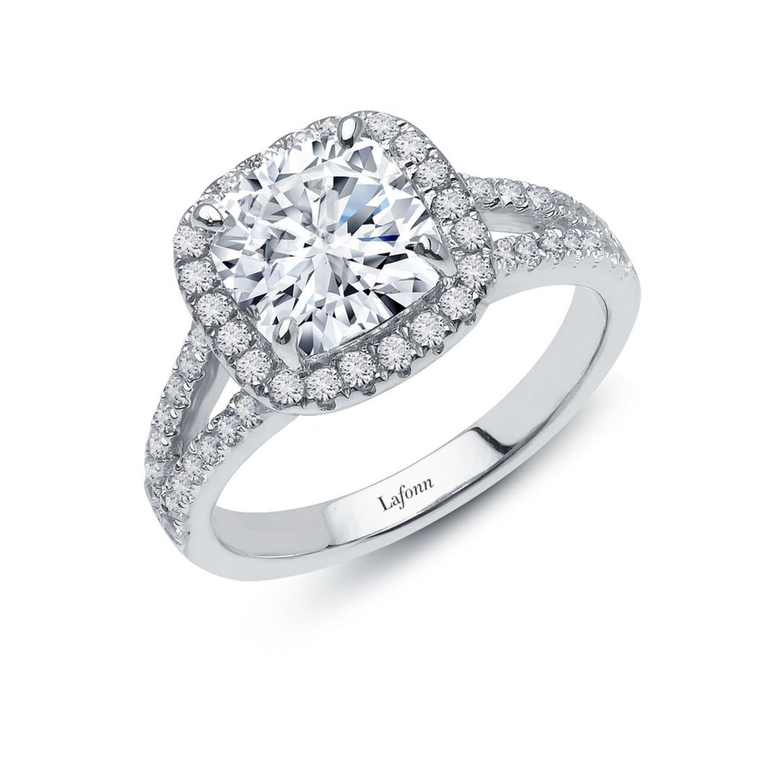 Platinum Coated Sterling Silver Cushion Halo Split Shank Ring with Lassaire Stones (3.82 ct)