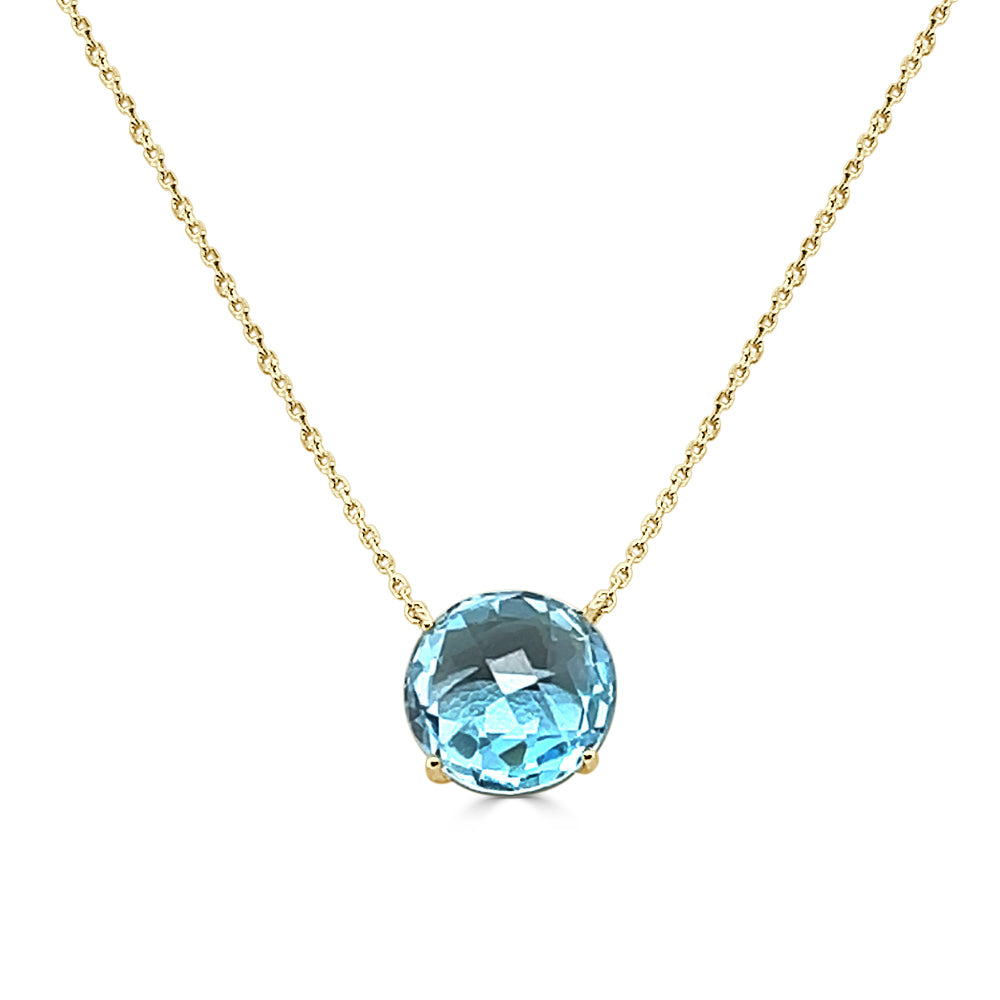 14 Karat Yellow Gold Round Swiss Blue Topaz Necklace - 8.00 Carats
