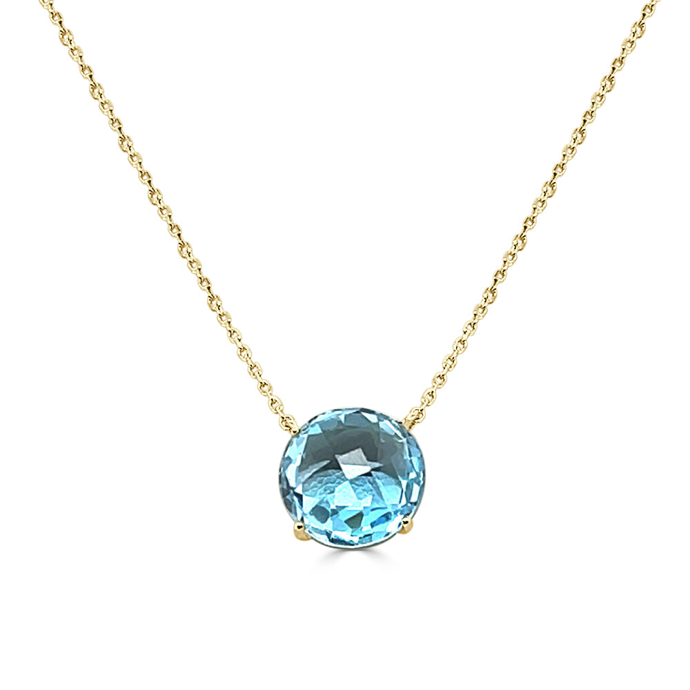 Exquisite Swiss Blue Topaz Necklace in 14 Karat Yellow Gold - Round Shape, 8.00 Carat