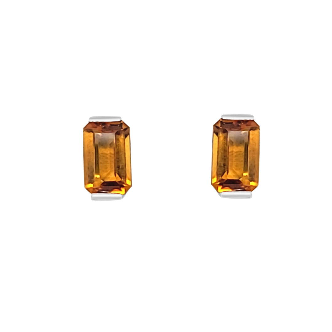 14 Karat White Gold Emerald Shape Citrine Stud Earrings