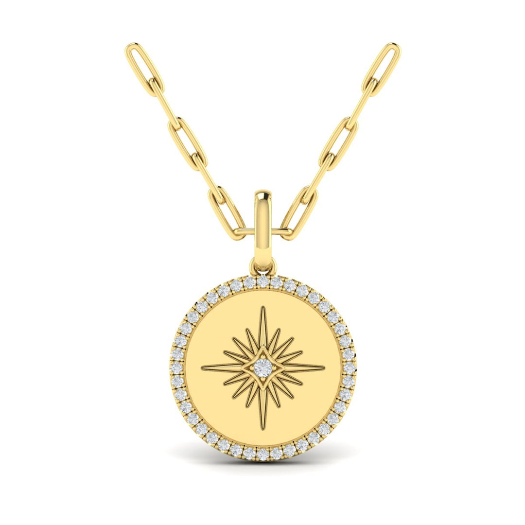 14K Yellow Gold Diamond Halo Starburst Disc Necklace