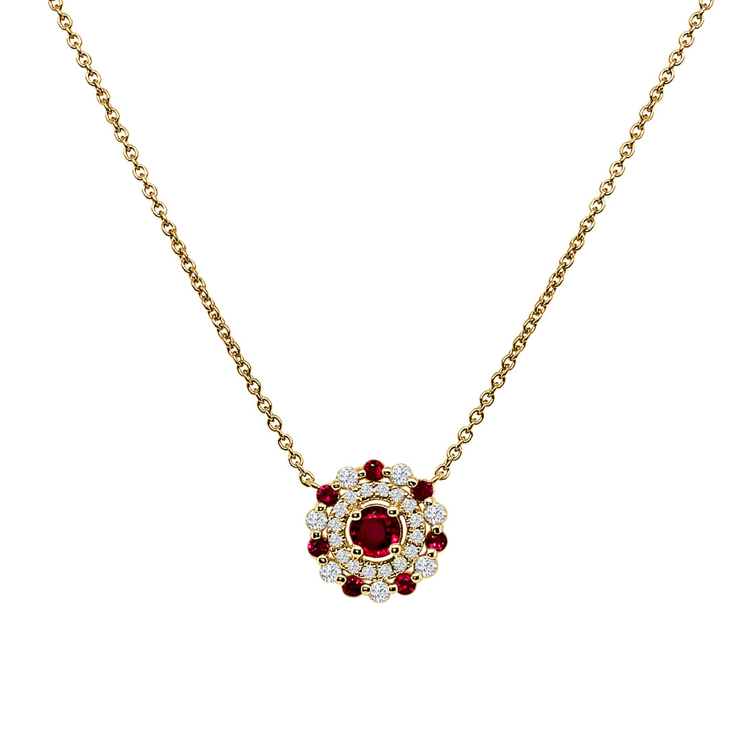 Double Halo Ruby Necklace in 14 Karat Yellow Gold - Round Shape 0.51 Carat