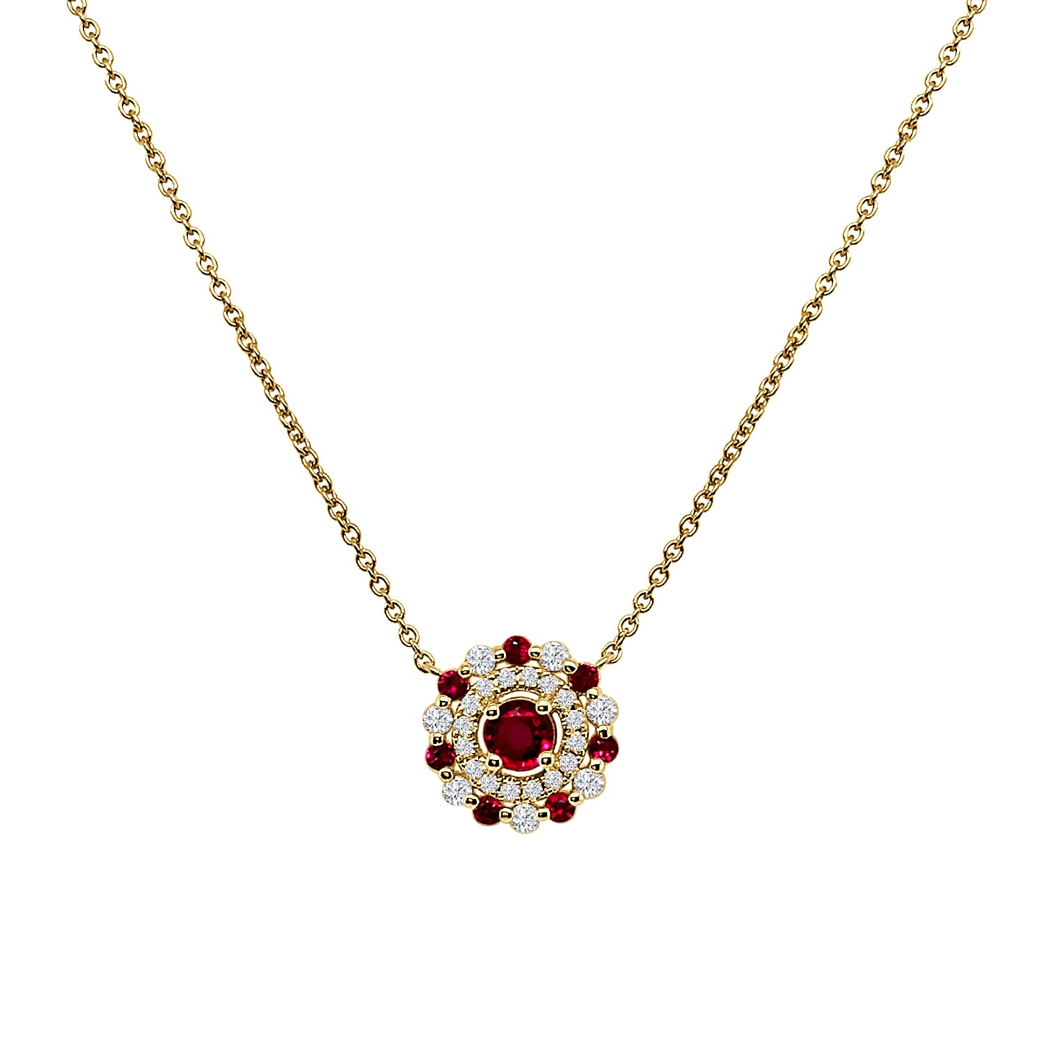 Double Halo Ruby Necklace in 14 Karat Yellow Gold with Round Shape - 0.51 Carat