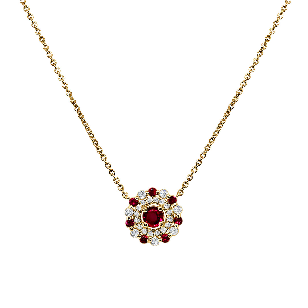 14 Karat Yellow Gold Double Halo Ruby Necklace