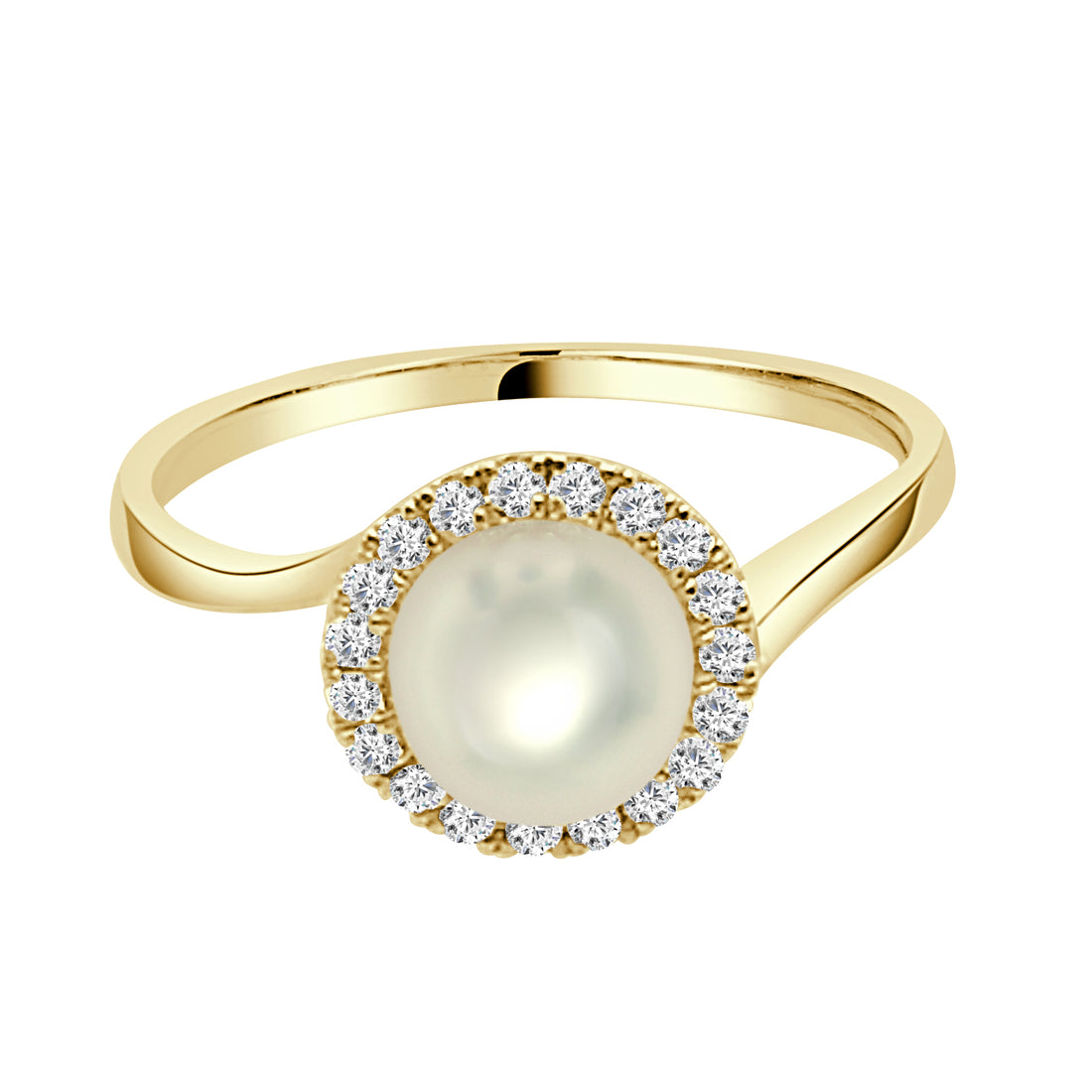 14 Karat Yellow Gold Pearl Bypass Round Halo Ring