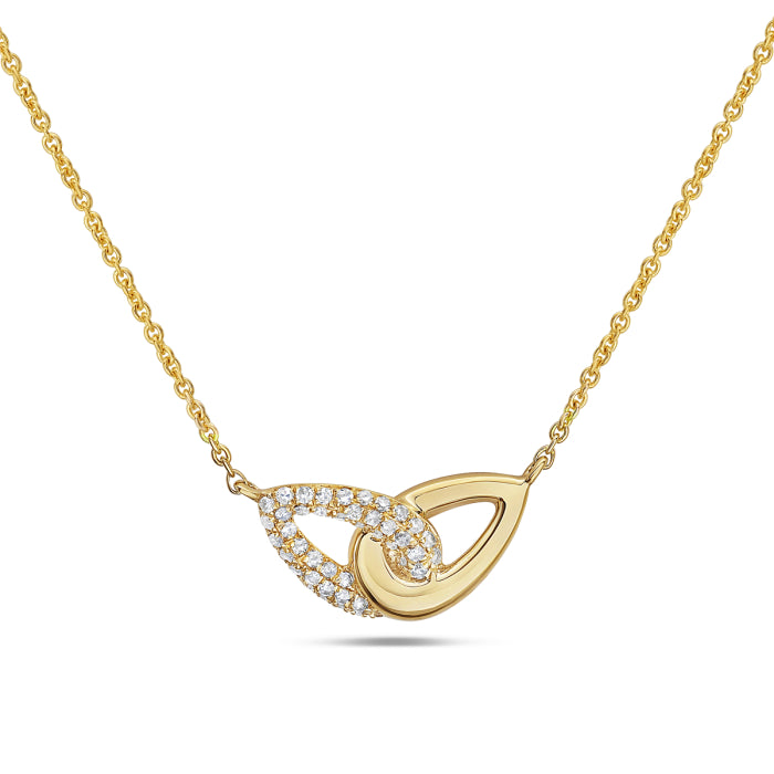 Entwined Pear Shape Natural Diamond Necklace in 14 Karat Yellow Gold with Round Shape Accents