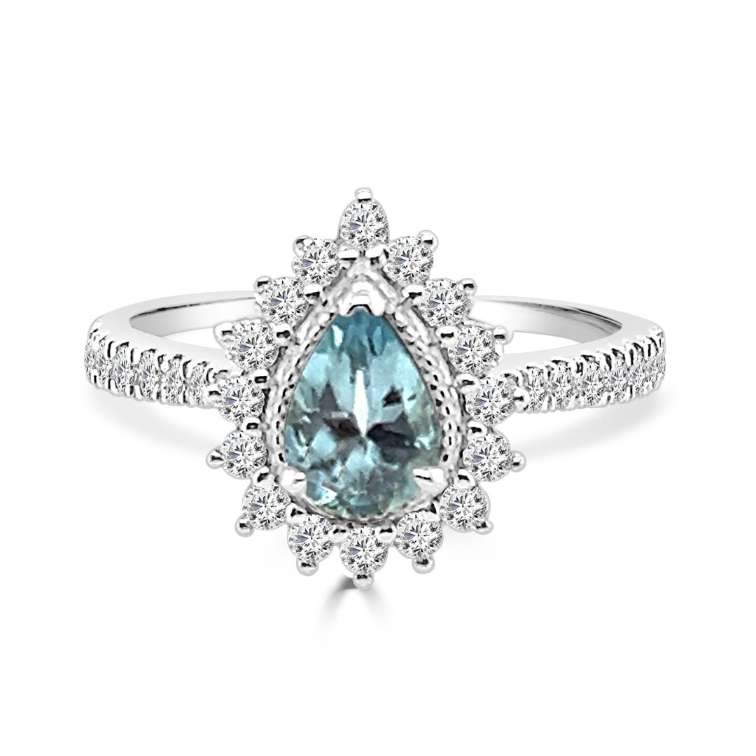 14 Karat White Gold Halo Ring with Pear Shape Aquamarine