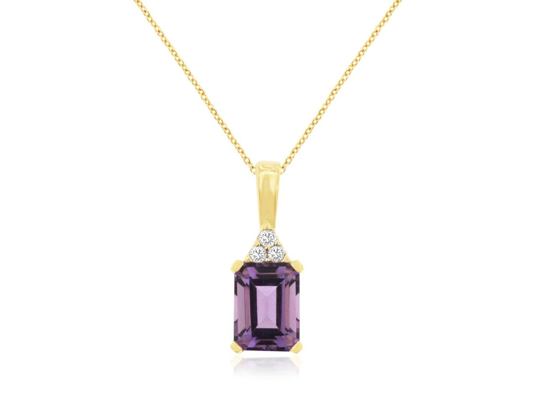 14K Yellow Gold Cable Necklace with Emerald Shape Amethyst, Round Gemstone, and Natural Diamond Accents