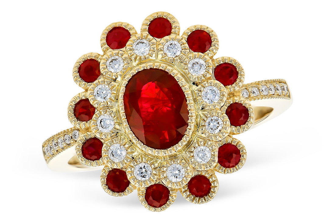 Exquisite 14K Yellow Gold Oval Double Halo Ruby Ring - 1.15 Ct