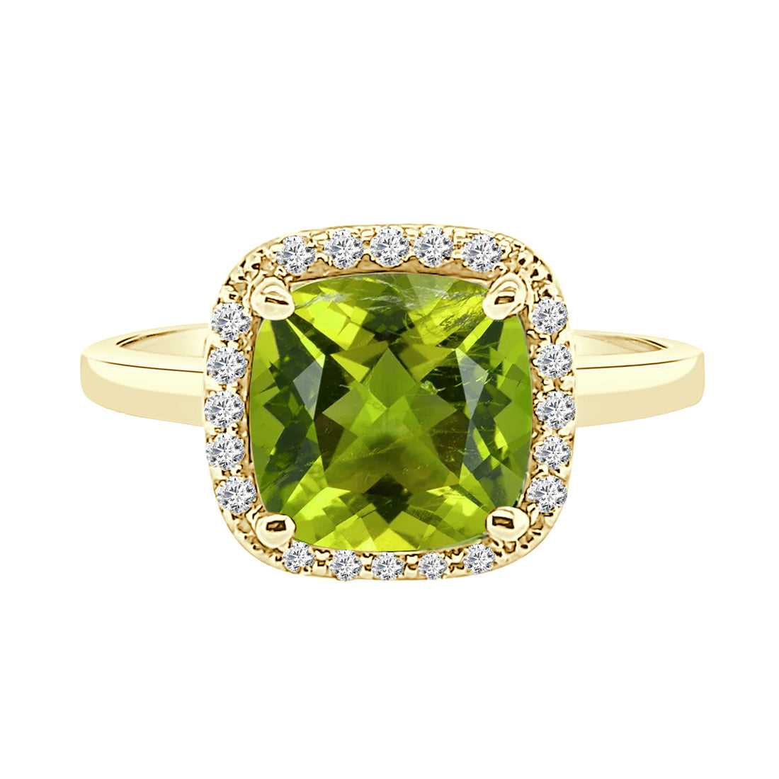 Checkerboard Cushion Halo Peridot Ring in 14 Karat Yellow Gold, 2.10 Carats