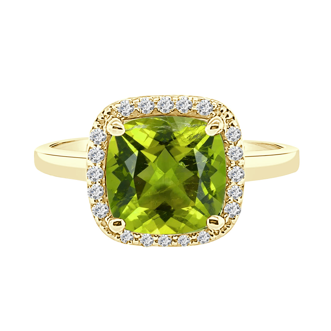 14 Karat Yellow Gold Checkerboard Cushion Halo Peridot Ring