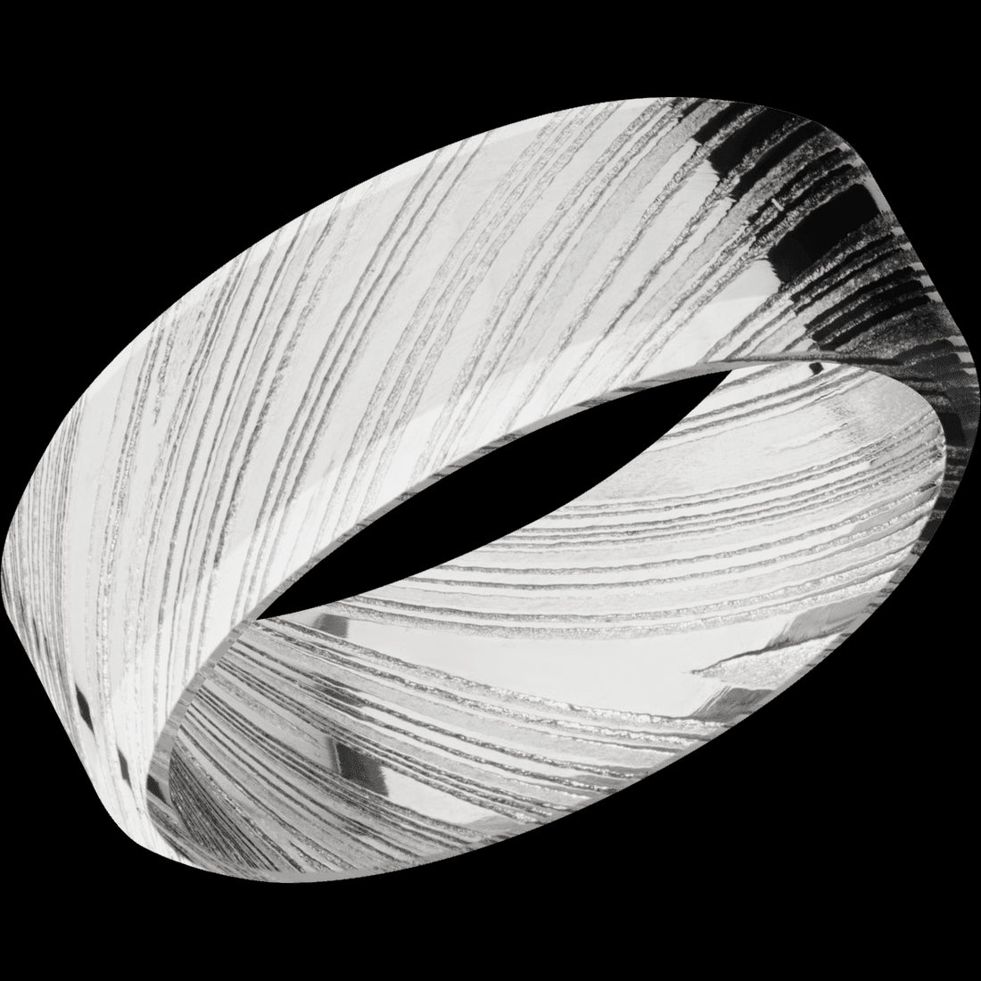 Damascus Steel Wedding Band with Polished Woodgrain Finish, Size 10