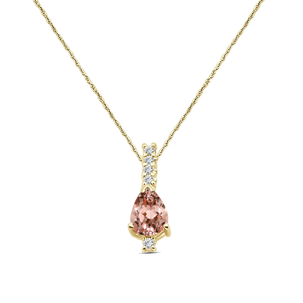 14K Yellow Gold Pear Shape Morganite and Diamond Pendant Necklace