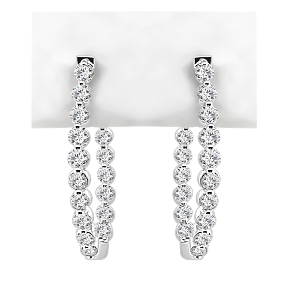 14K White Gold Oval Diamond Hoop Earrings with 1.00 Carat Natural Round Diamonds