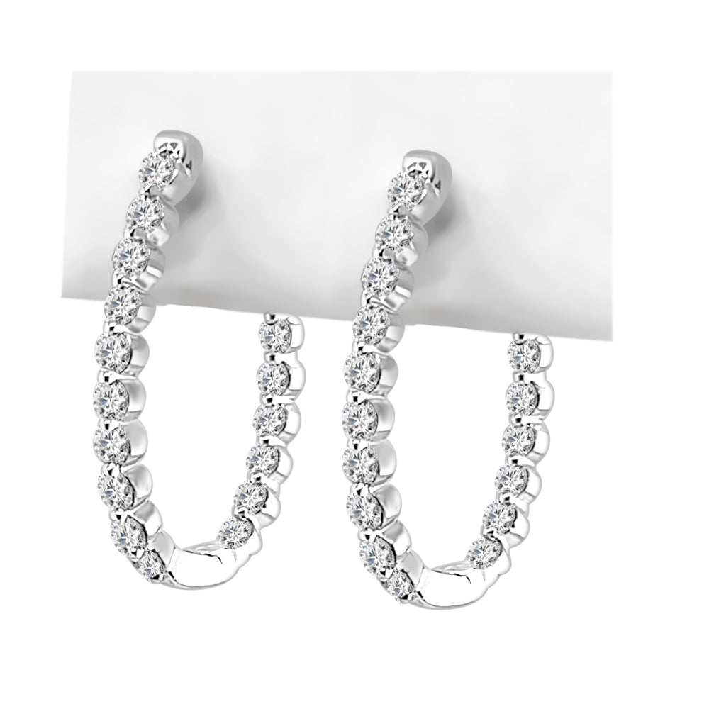 14K White Gold Oval Diamond Hoop Earrings with 1.00 Carat Natural Round Diamonds