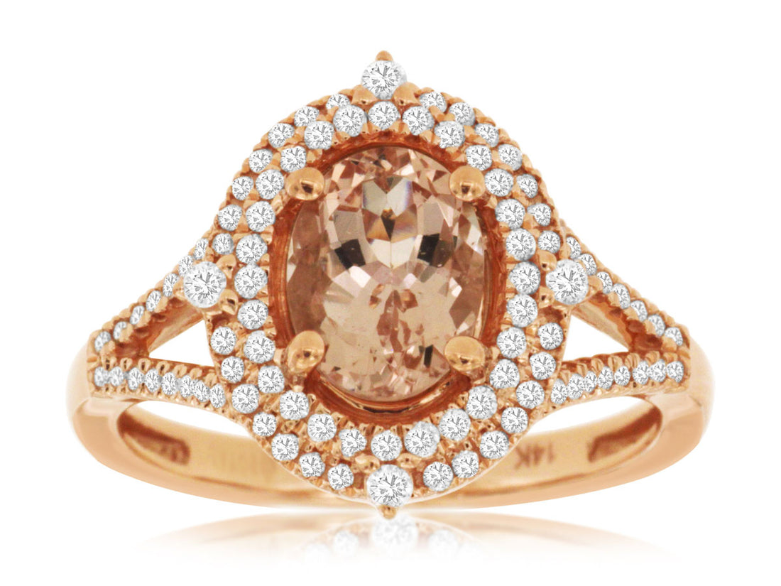 1.00 Carat Oval Morganite and Diamond Ring in 14 Karat Rose Gold