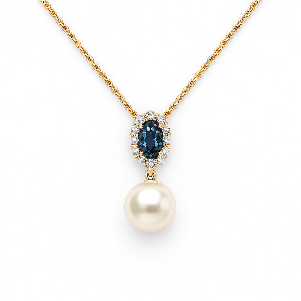 London Blue Topaz and Pearl Pendant Necklace in 14K Yellow Gold - Oval Shape, 0.60 Carat