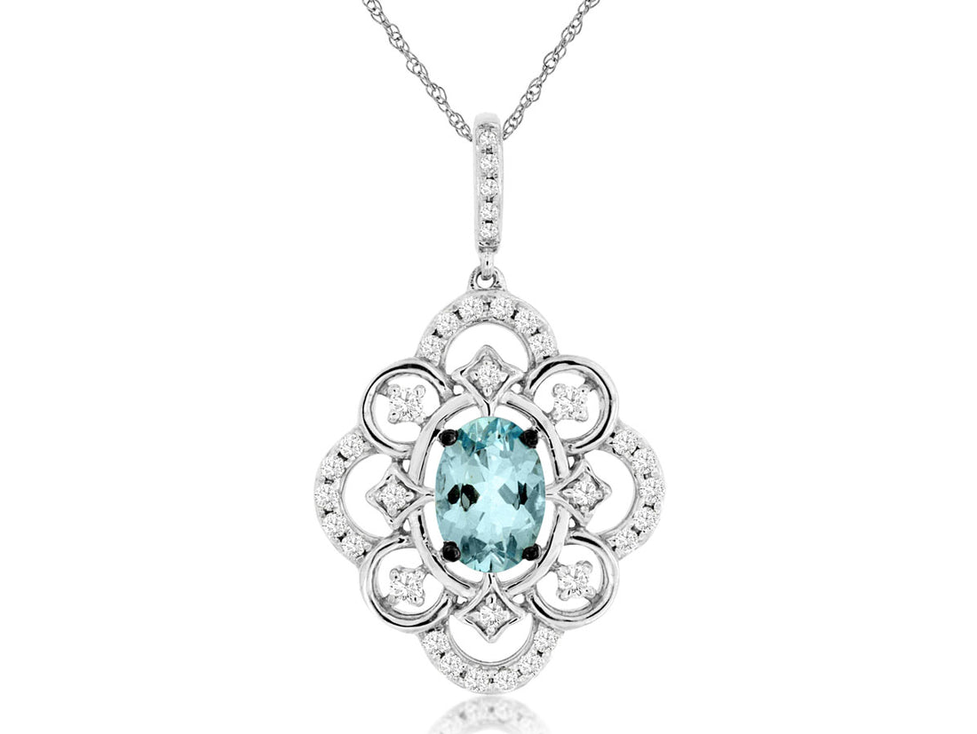 14K White Gold Aquamarine and Diamond Oval Pendant Necklace - 0.68 Carats