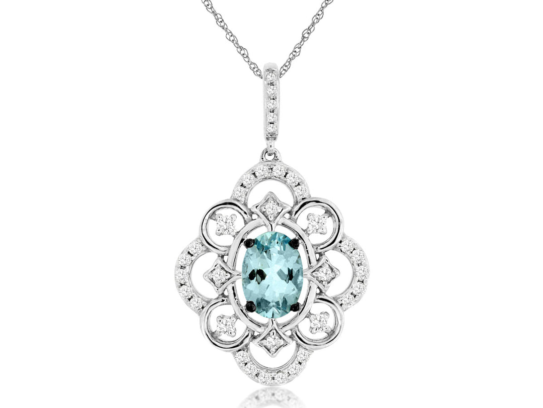 14K White Gold Oval Aquamarine and Diamond Pendant Necklace