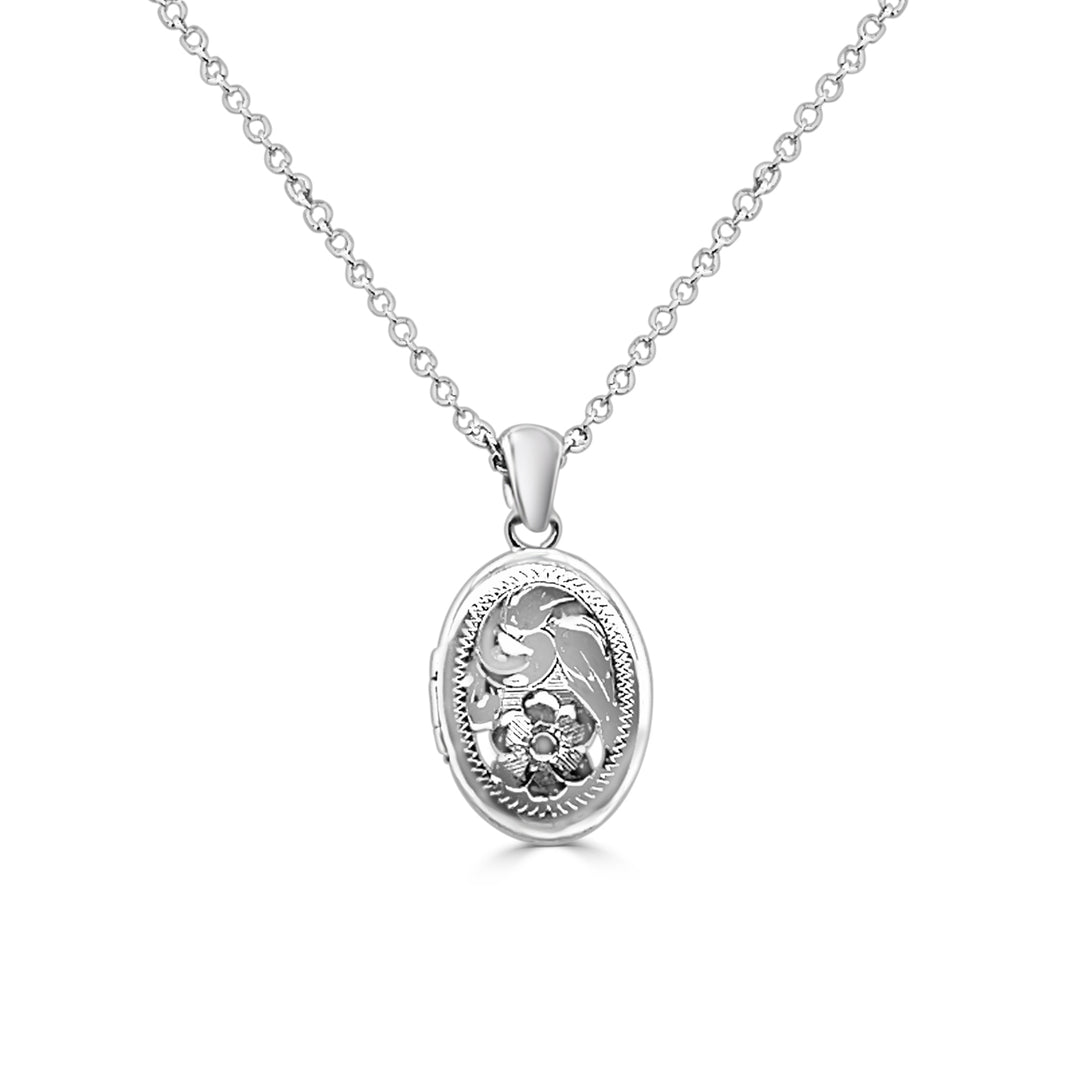 Etched Elegance: Sterling Silver Oval Locket Necklace