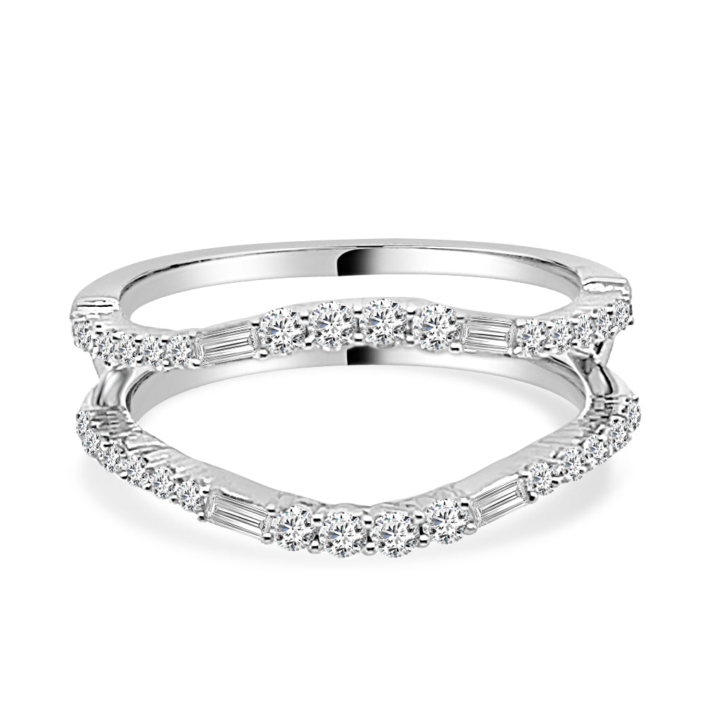 14k White Gold Wedding Band with Round and Emerald Cut Bowed Natural Diamond - 0.50ct