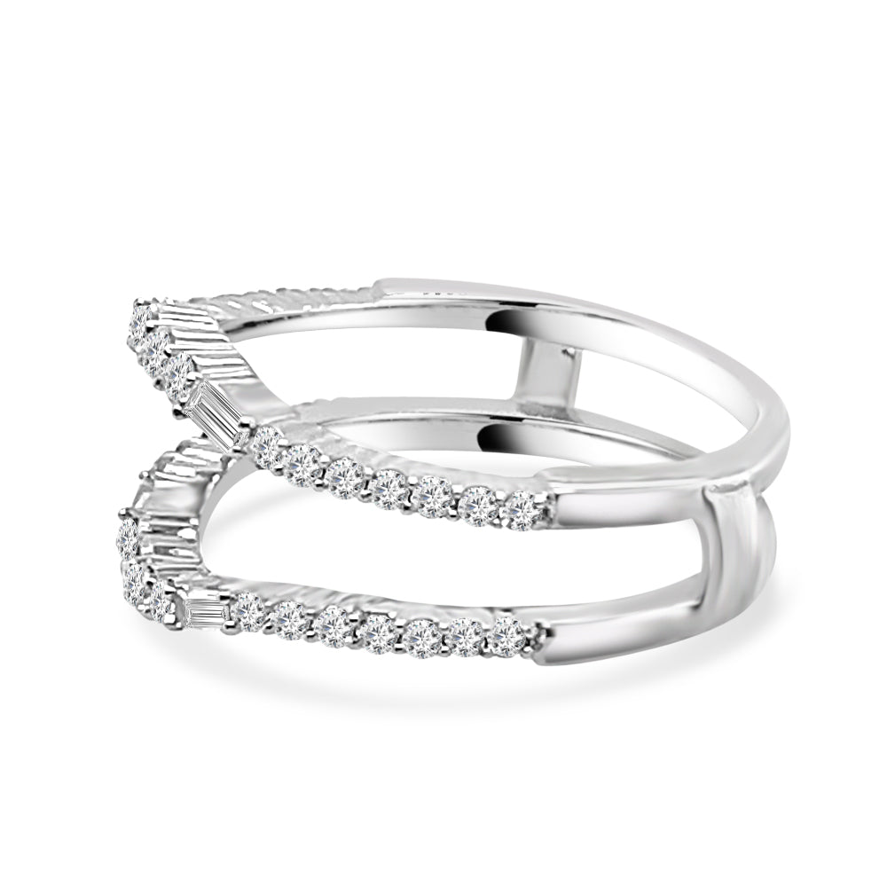 14k White Gold Wedding Band with Round and Emerald Cut Bowed Natural Diamond - 0.50ct