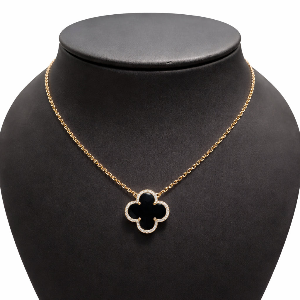 14 Karat Yellow Gold Clover Halo Onyx Necklace - 2.05 Carat