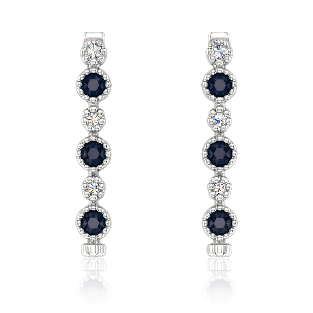 14K White Gold Blue Sapphire and Diamond Hoop Earrings - Round Shape 0.74ct