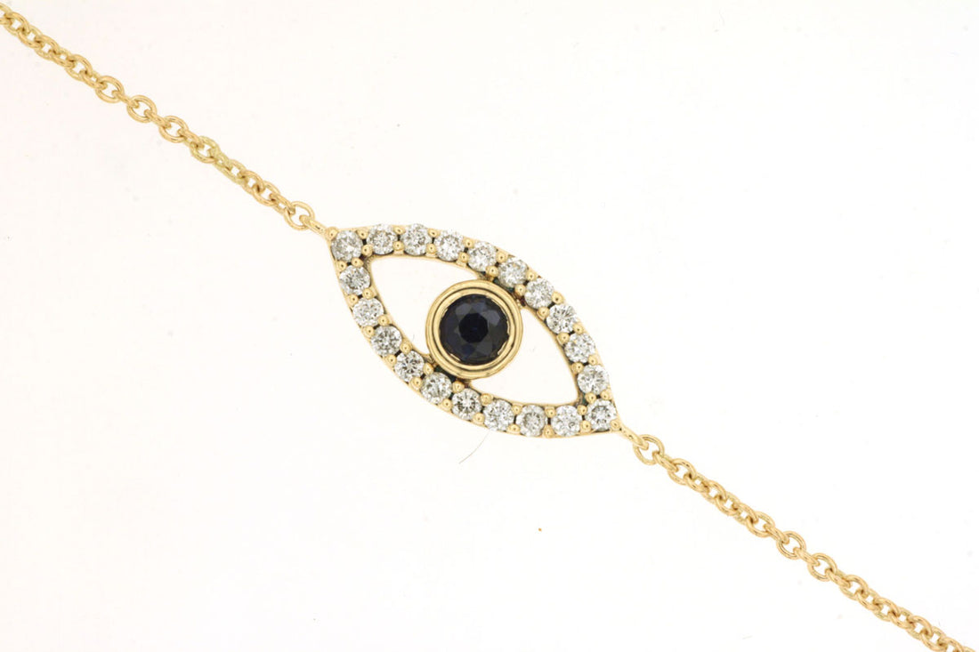 14 Karat Yellow Gold Evil Eye Bracelet with Blue Sapphire and Natural Diamond Accents